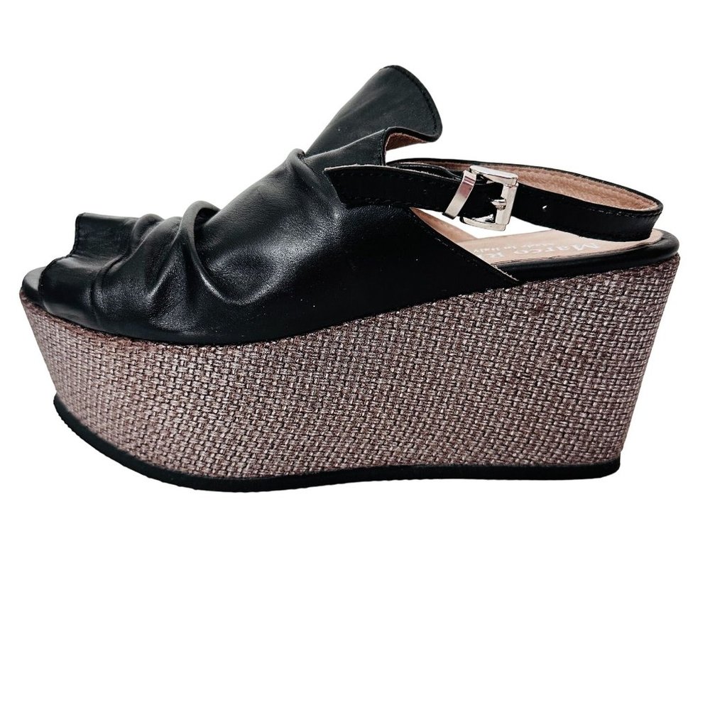 Marco Ricci Womens Italian Black Ruffle Wedge Platform Sandals Shoes 37 7